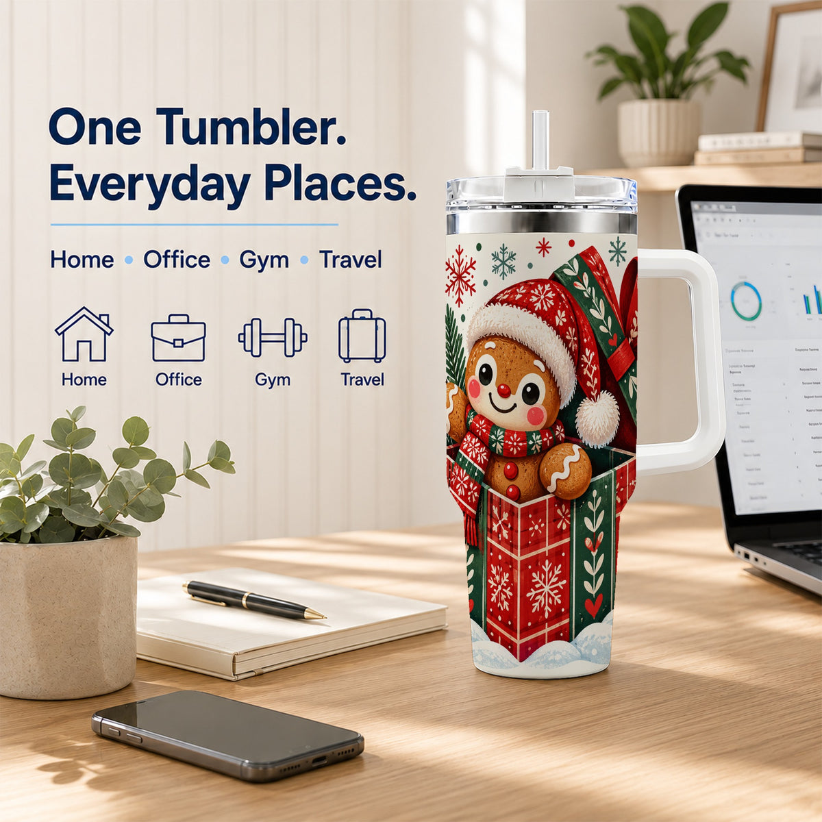 Christmas Gingerbread 40oz Tumbler with Handle, Folk Cookie Travel Cup
