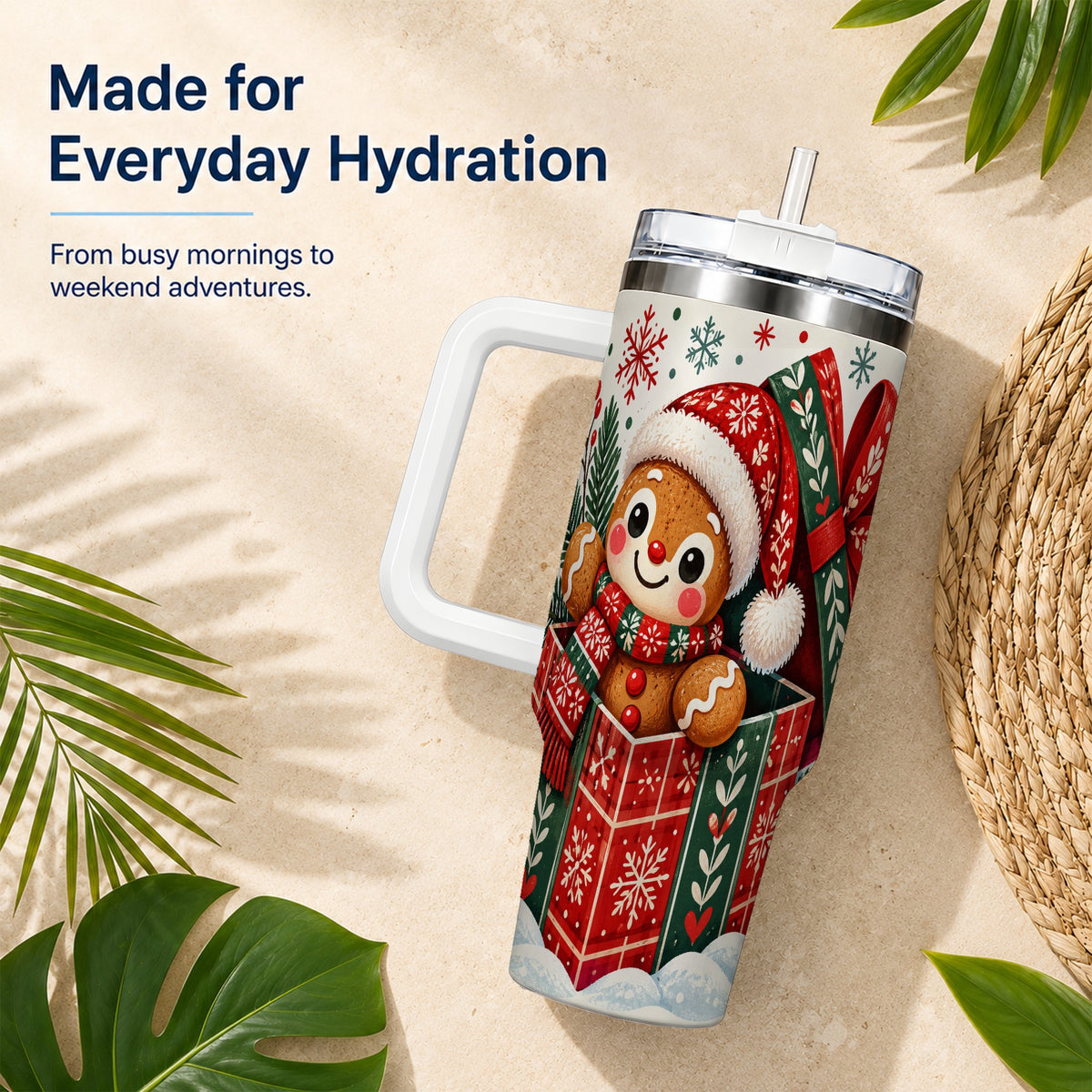 Christmas Gingerbread 40oz Tumbler with Handle, Folk Cookie Travel Cup