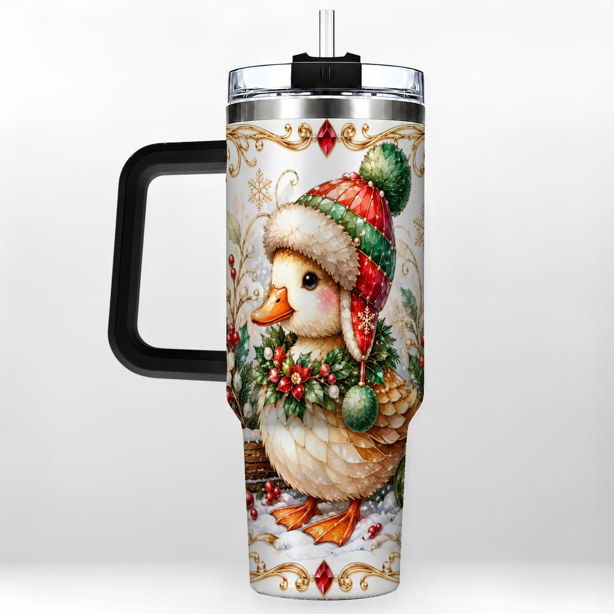 #pl[40oz|Black] Christmas Duck 40oz Tumbler with Handle, Jeweled Winter Travel Cup