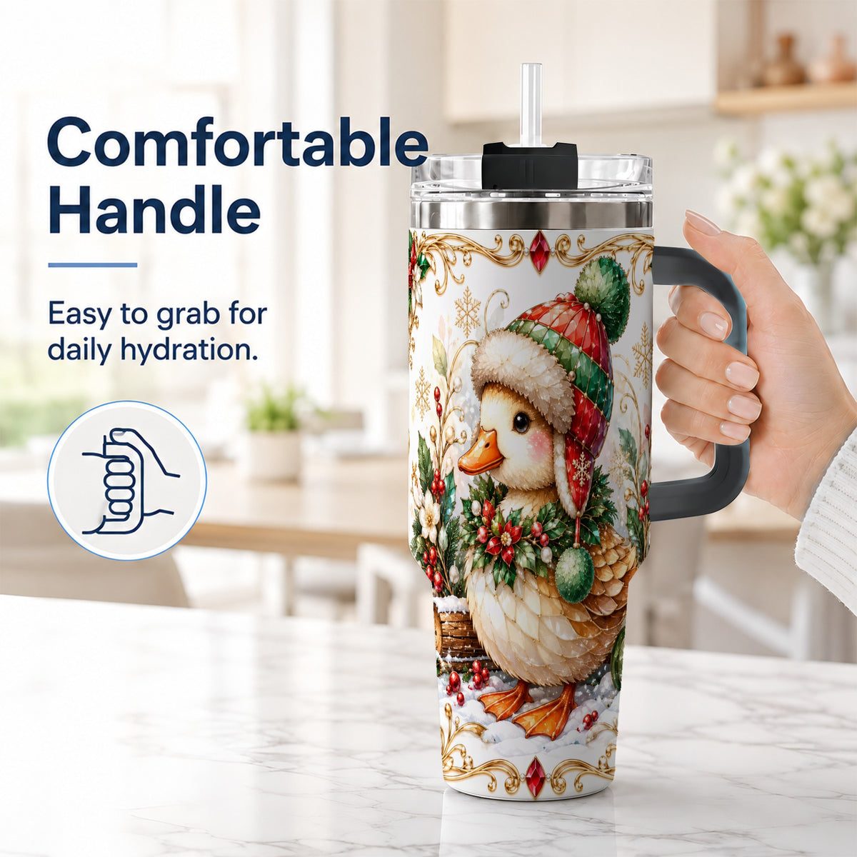 #pl[40oz|Black] Christmas Duck 40oz Tumbler with Handle, Jeweled Winter Travel Cup
