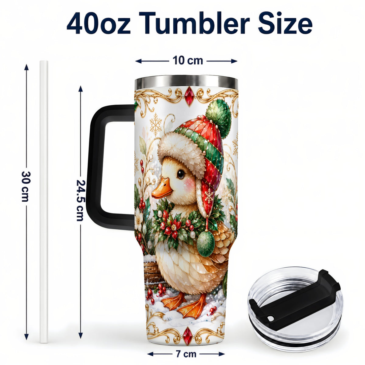 #pl[40oz|Black] Christmas Duck 40oz Tumbler with Handle, Jeweled Winter Travel Cup