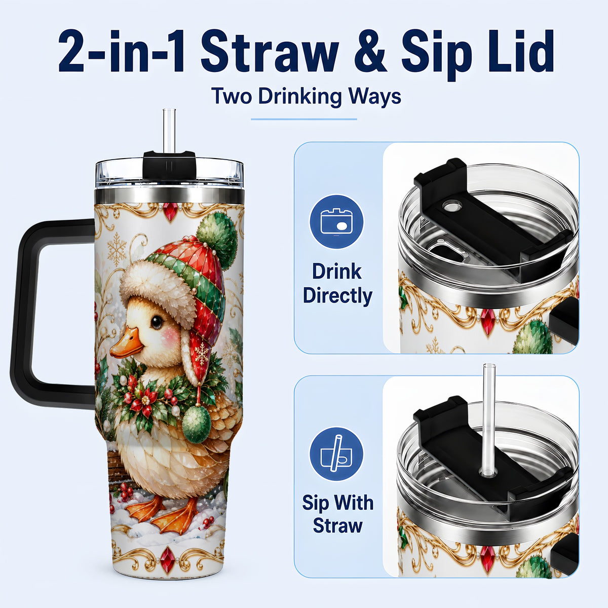 #pl[40oz|Black] Christmas Duck 40oz Tumbler with Handle, Jeweled Winter Travel Cup