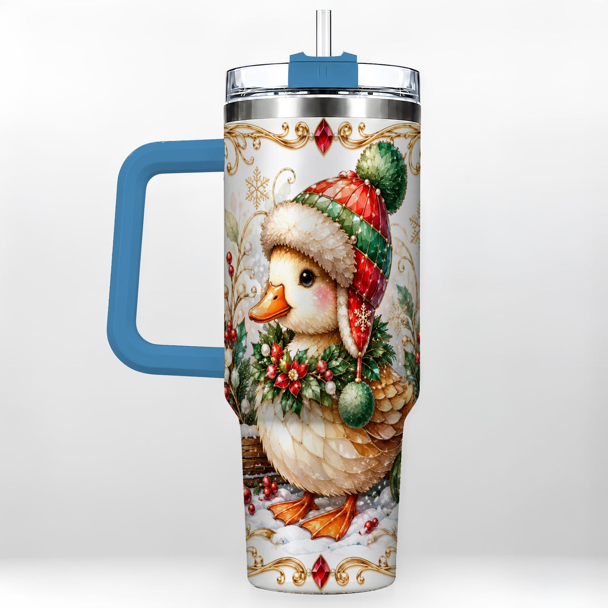 #pl[40oz|Blue] Christmas Duck 40oz Tumbler with Handle, Jeweled Winter Travel Cup