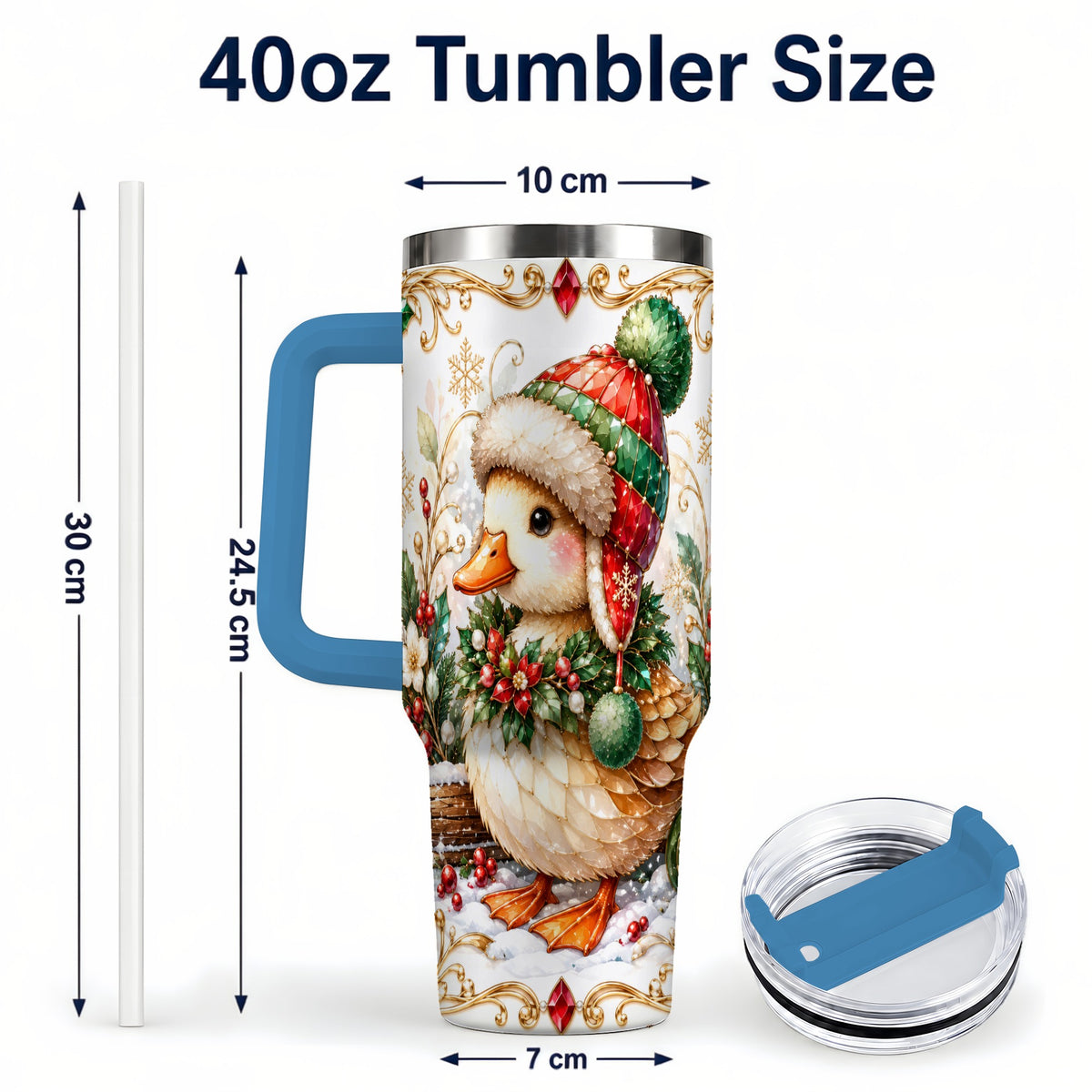 #pl[40oz|Blue] Christmas Duck 40oz Tumbler with Handle, Jeweled Winter Travel Cup