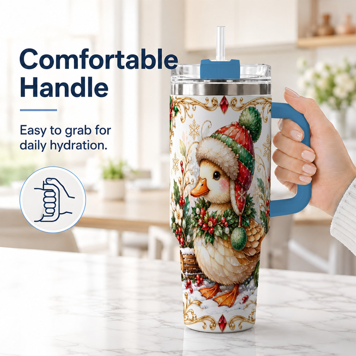 #pl[40oz|Blue] Christmas Duck 40oz Tumbler with Handle, Jeweled Winter Travel Cup