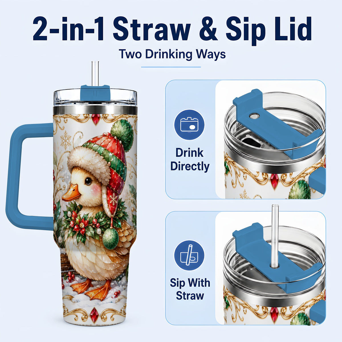 #pl[40oz|Blue] Christmas Duck 40oz Tumbler with Handle, Jeweled Winter Travel Cup