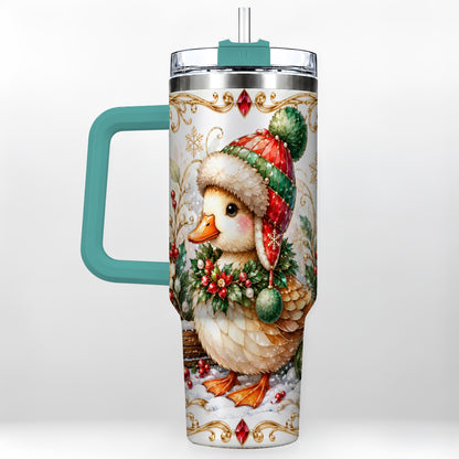 #pl[40oz|Green] Christmas Duck 40oz Tumbler with Handle, Jeweled Winter Travel Cup