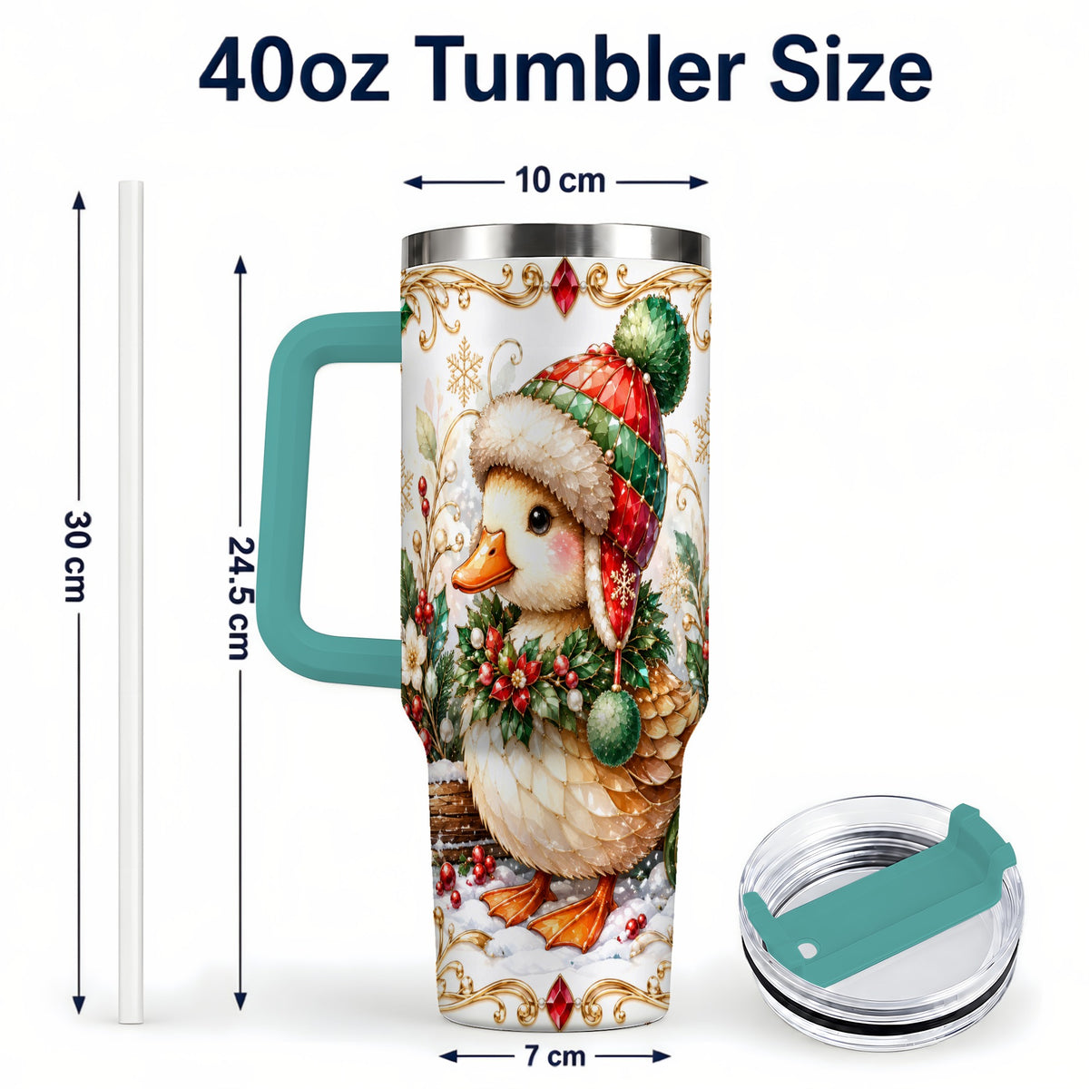 #pl[40oz|Green] Christmas Duck 40oz Tumbler with Handle, Jeweled Winter Travel Cup