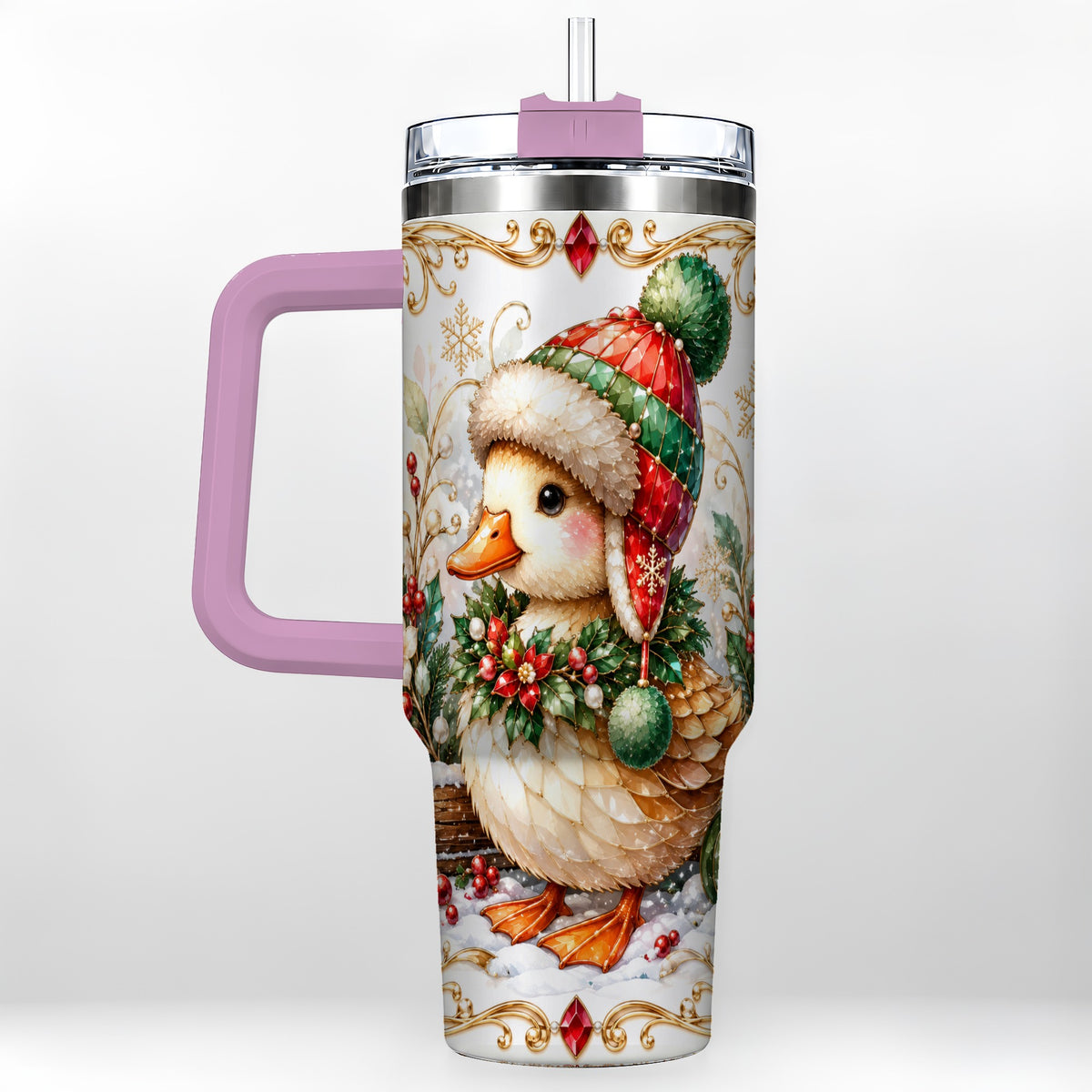 #pl[40oz|Pink] Christmas Duck 40oz Tumbler with Handle, Jeweled Winter Travel Cup