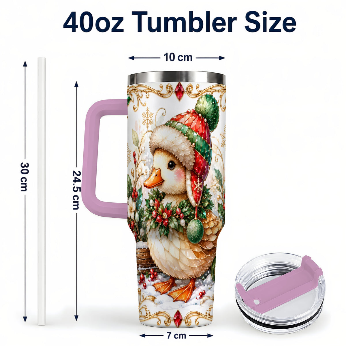 #pl[40oz|Pink] Christmas Duck 40oz Tumbler with Handle, Jeweled Winter Travel Cup