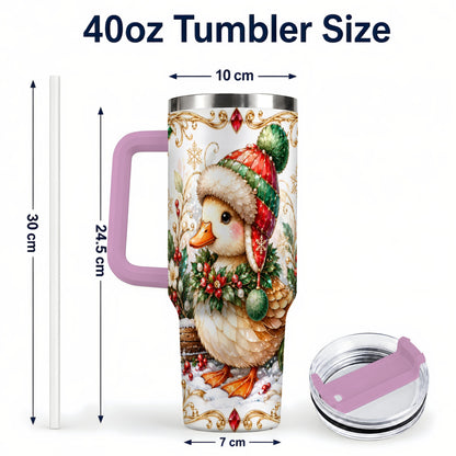 #pl[40oz|Pink] Christmas Duck 40oz Tumbler with Handle, Jeweled Winter Travel Cup