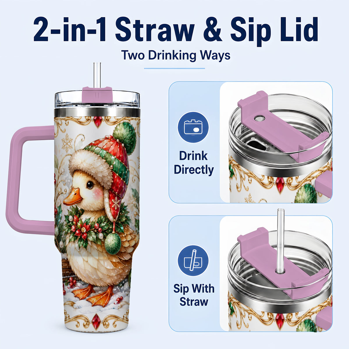 #pl[40oz|Pink] Christmas Duck 40oz Tumbler with Handle, Jeweled Winter Travel Cup