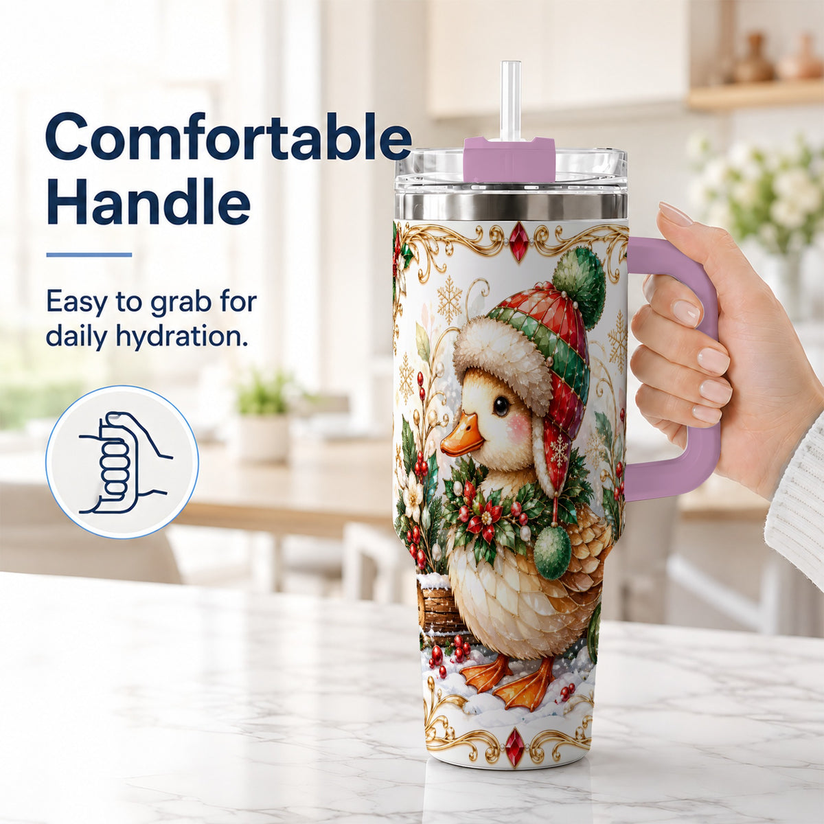#pl[40oz|Pink] Christmas Duck 40oz Tumbler with Handle, Jeweled Winter Travel Cup