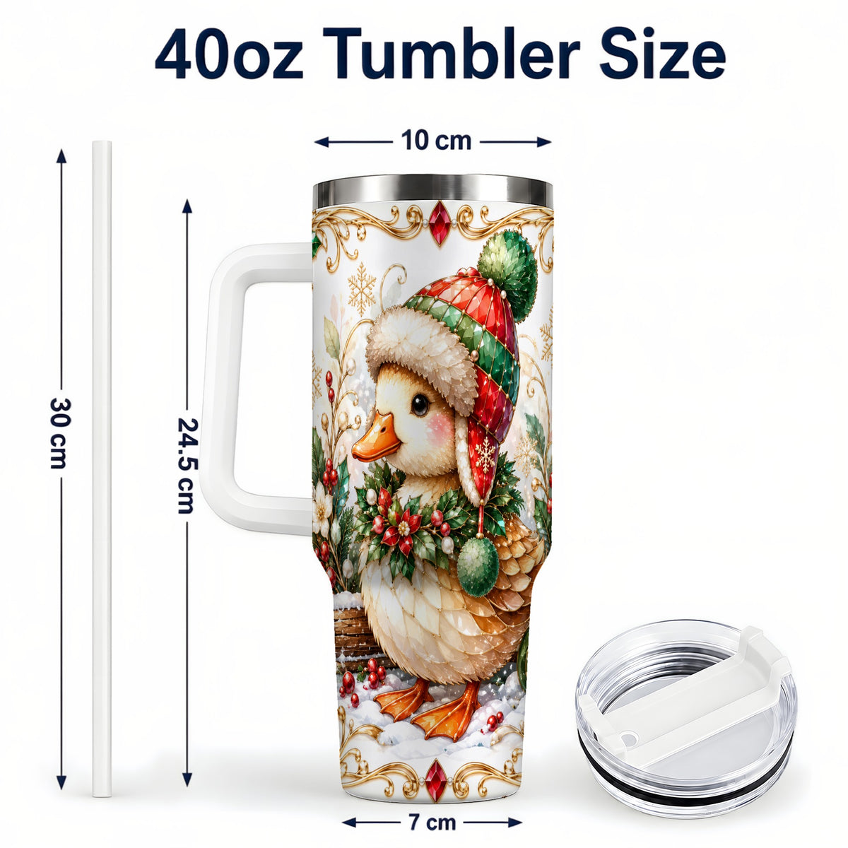 #pl[40oz|White] Christmas Duck 40oz Tumbler with Handle, Jeweled Winter Travel Cup