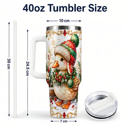 #pl[40oz|White] Christmas Duck 40oz Tumbler with Handle, Jeweled Winter Travel Cup