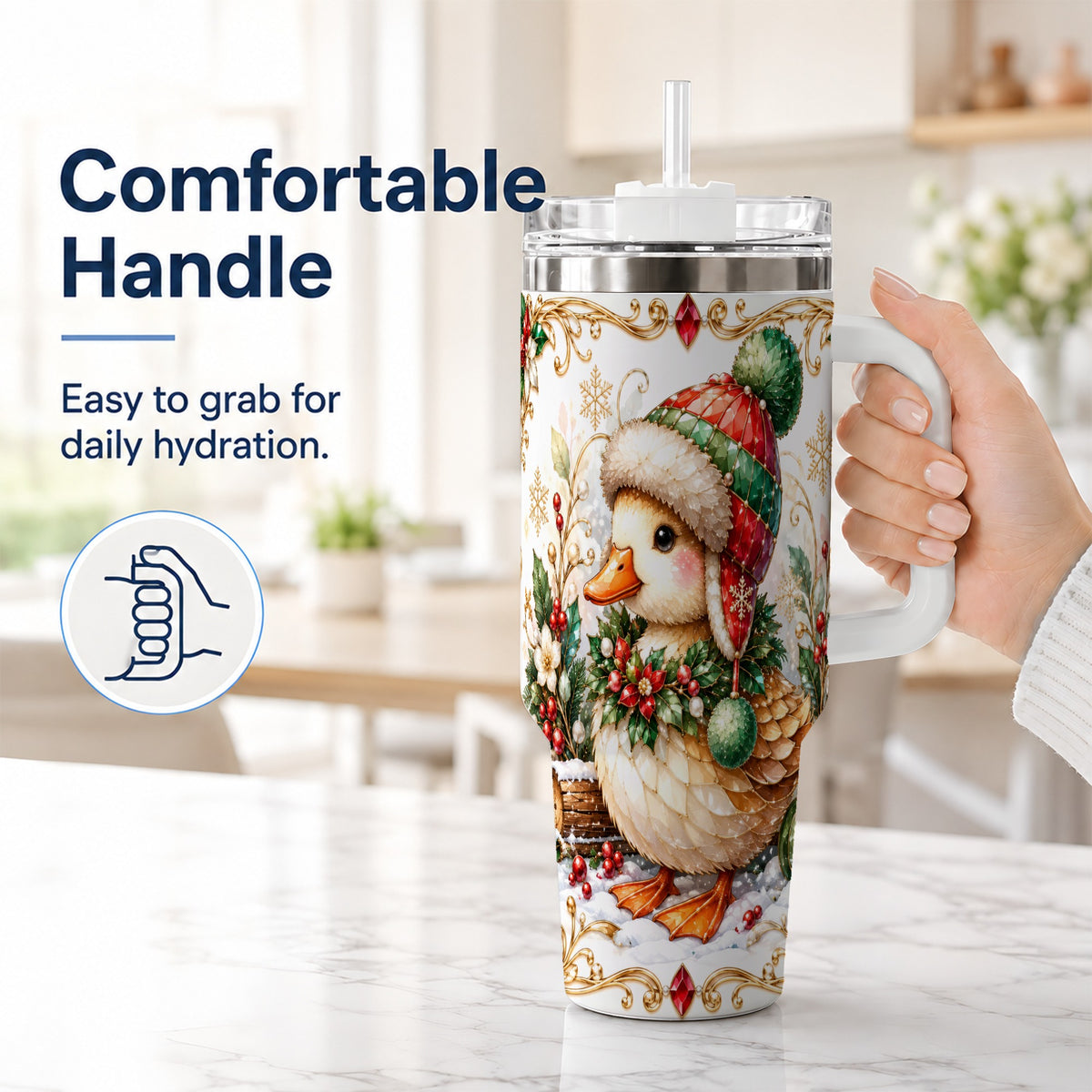 #pl[40oz|White] Christmas Duck 40oz Tumbler with Handle, Jeweled Winter Travel Cup