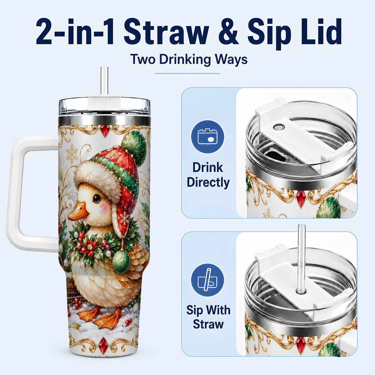 #pl[40oz|White] Christmas Duck 40oz Tumbler with Handle, Jeweled Winter Travel Cup