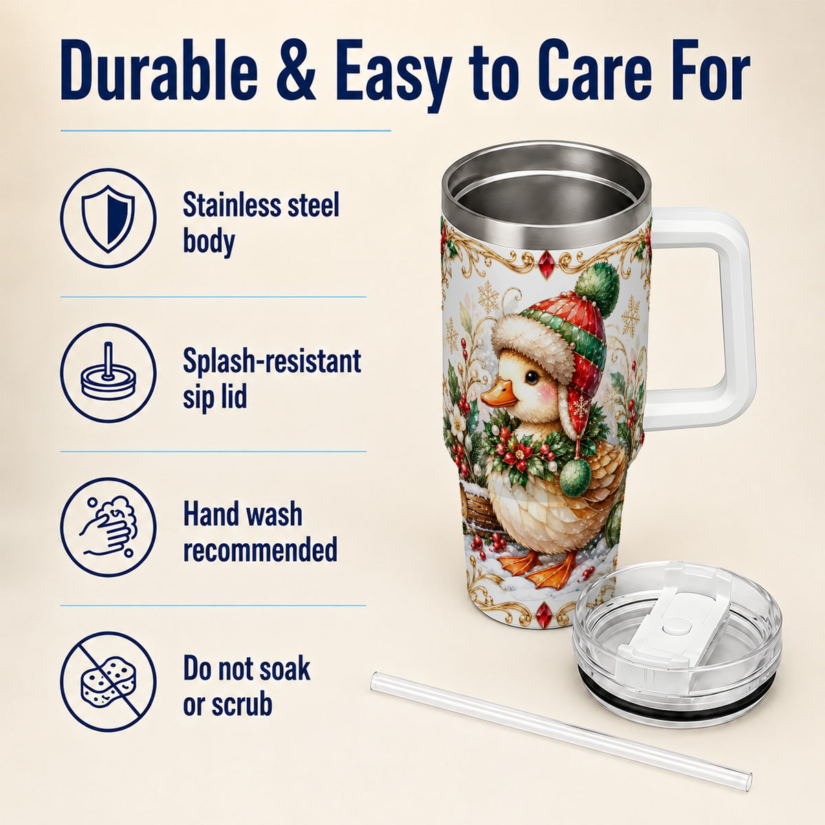 Christmas Duck 40oz Tumbler with Handle, Jeweled Winter Travel Cup