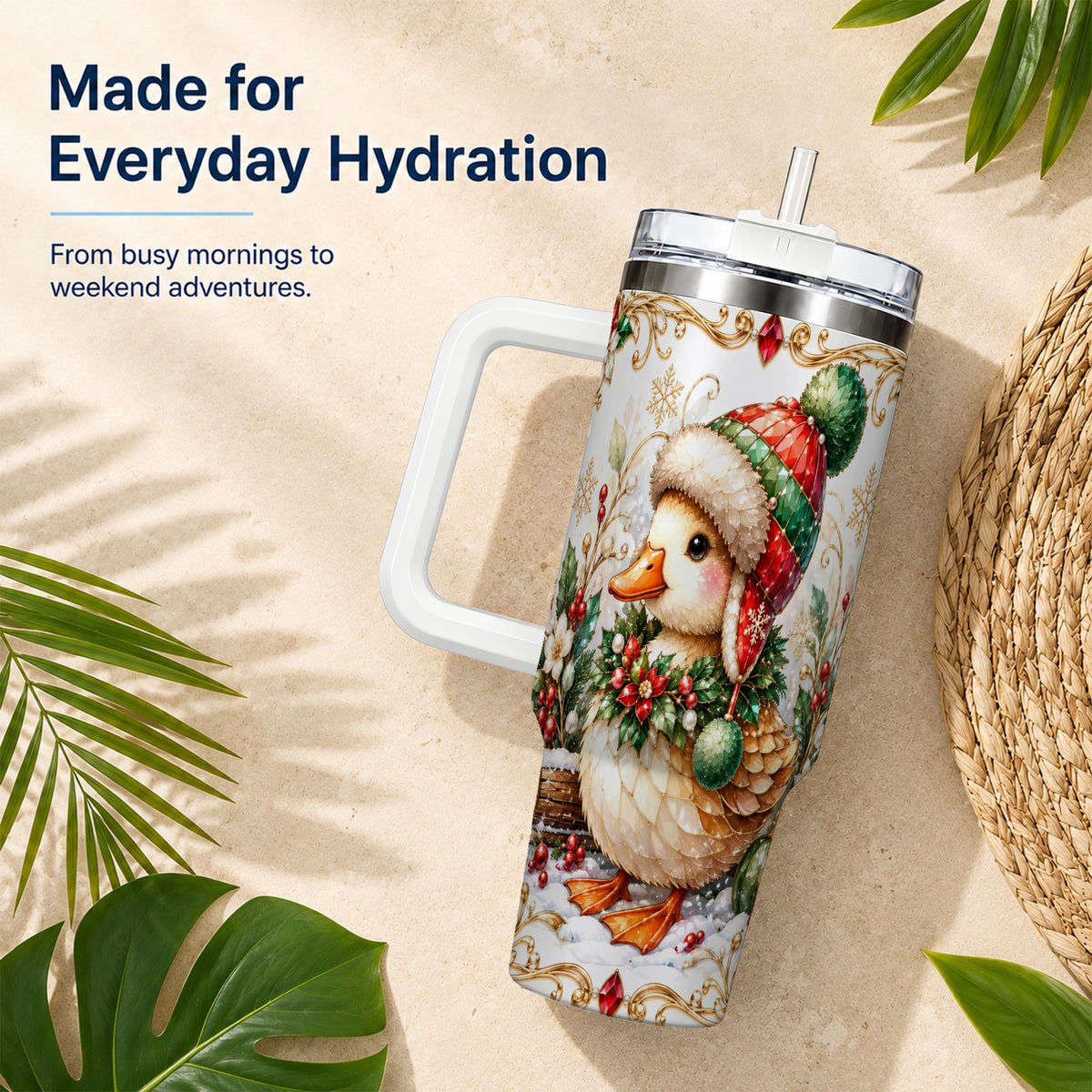 Christmas Duck 40oz Tumbler with Handle, Jeweled Winter Travel Cup