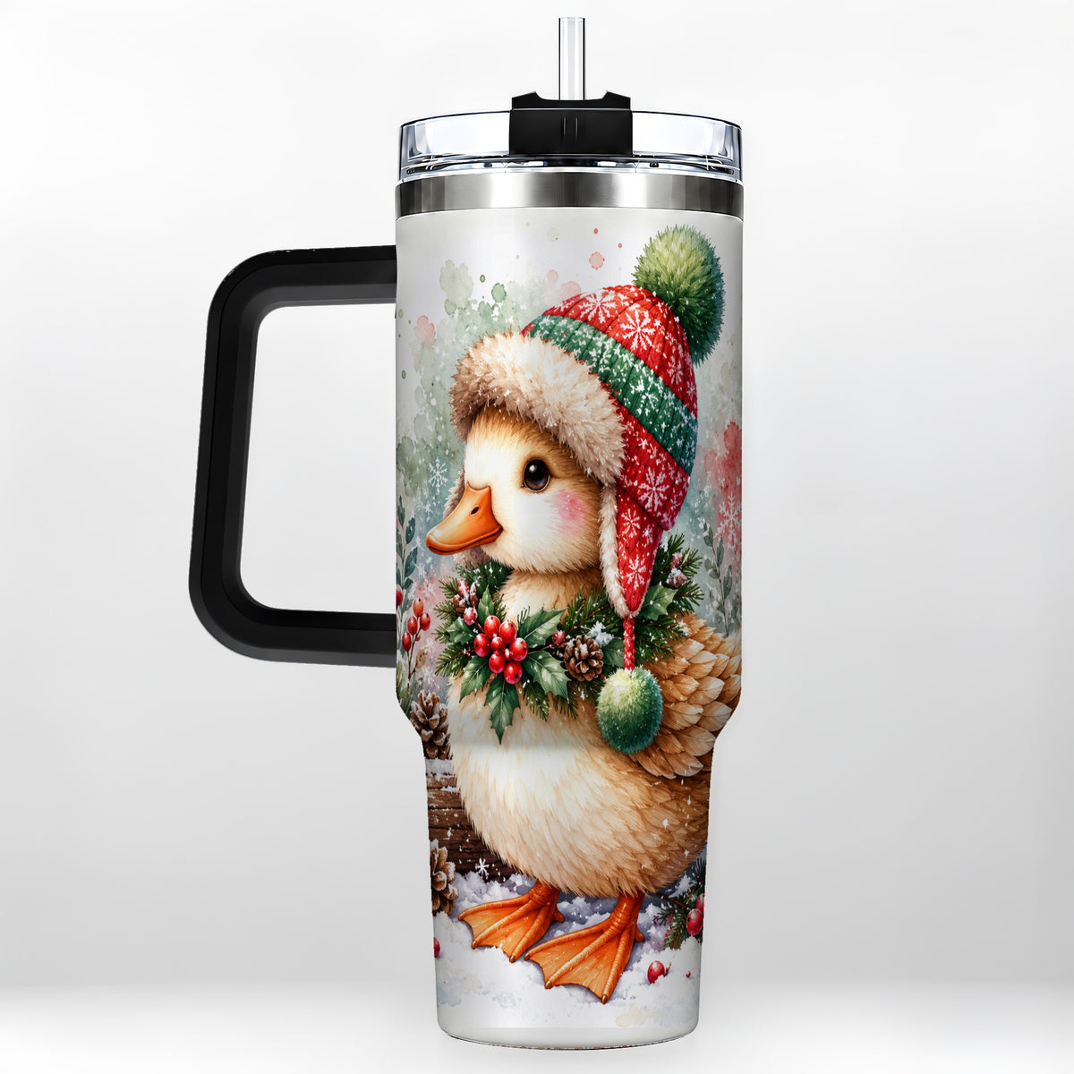 #pl[40oz|Black] Christmas Duck 40oz Tumbler with Handle, Watercolor Winter Travel Cup