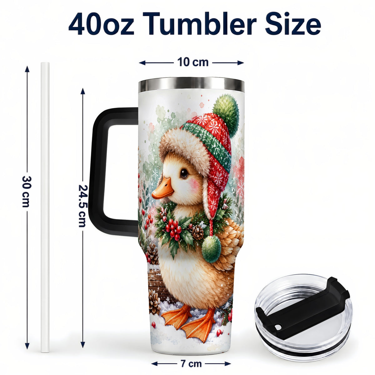 #pl[40oz|Black] Christmas Duck 40oz Tumbler with Handle, Watercolor Winter Travel Cup