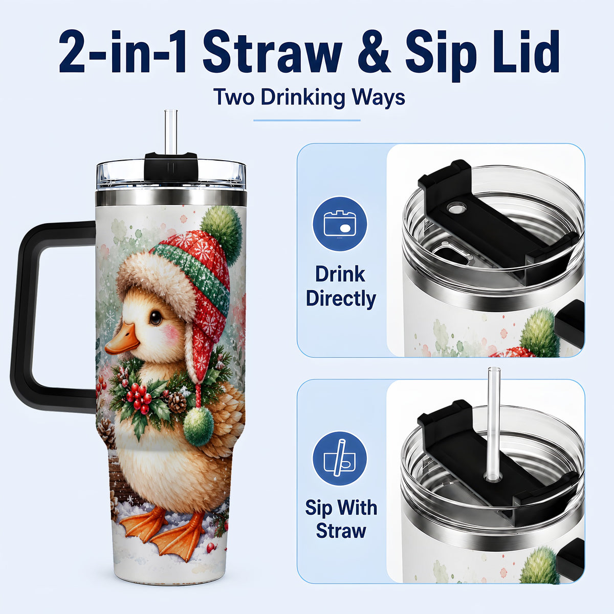 #pl[40oz|Black] Christmas Duck 40oz Tumbler with Handle, Watercolor Winter Travel Cup