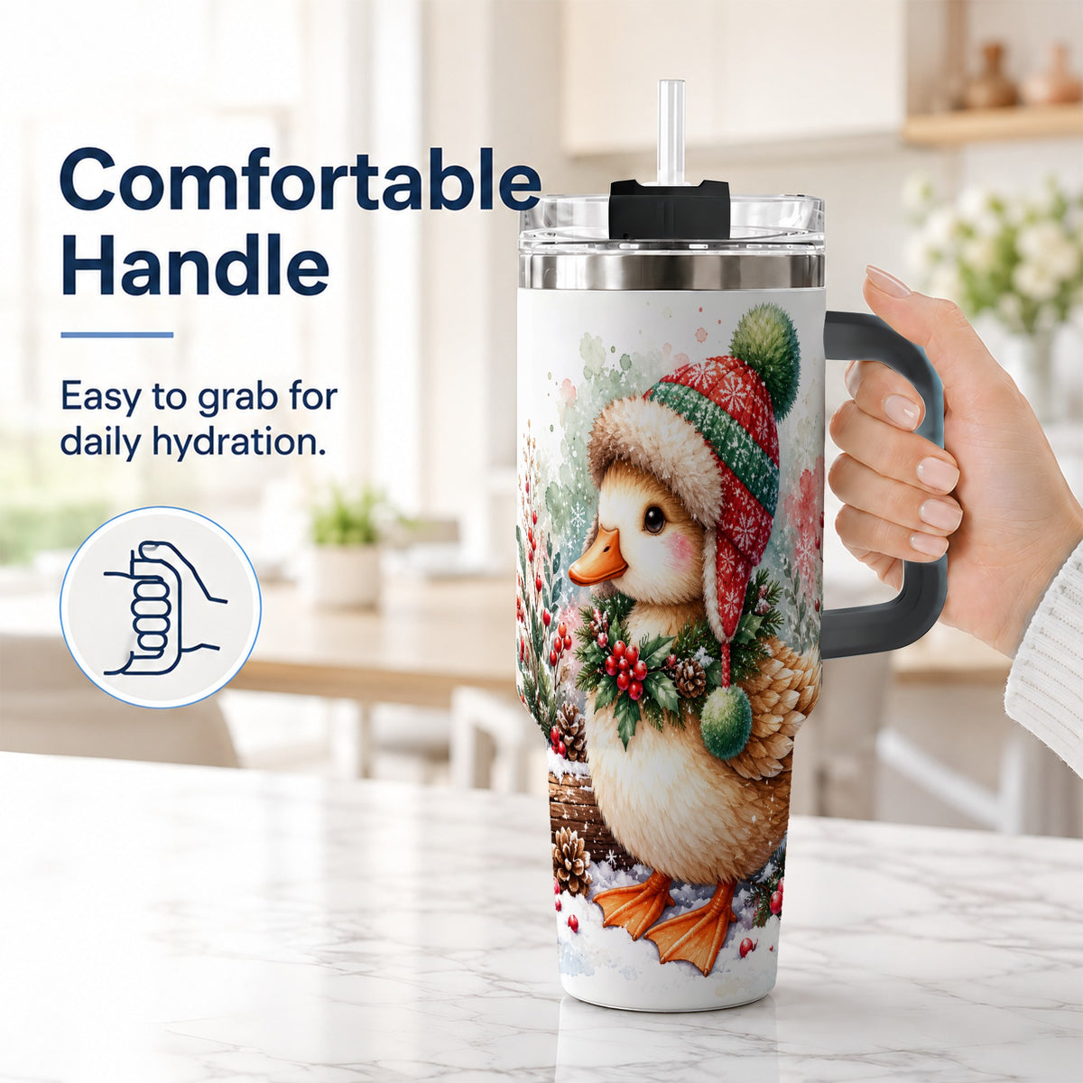 #pl[40oz|Black] Christmas Duck 40oz Tumbler with Handle, Watercolor Winter Travel Cup