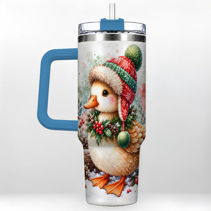 #pl[40oz|Blue] Christmas Duck 40oz Tumbler with Handle, Watercolor Winter Travel Cup