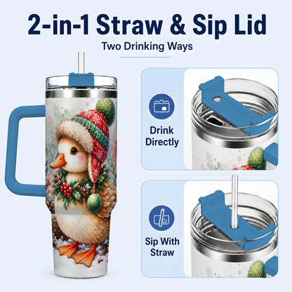 #pl[40oz|Blue] Christmas Duck 40oz Tumbler with Handle, Watercolor Winter Travel Cup