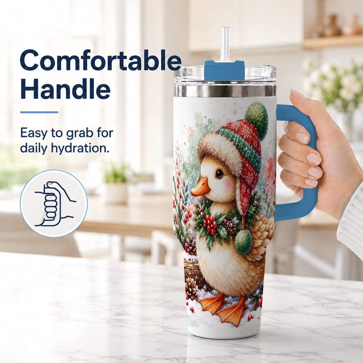#pl[40oz|Blue] Christmas Duck 40oz Tumbler with Handle, Watercolor Winter Travel Cup