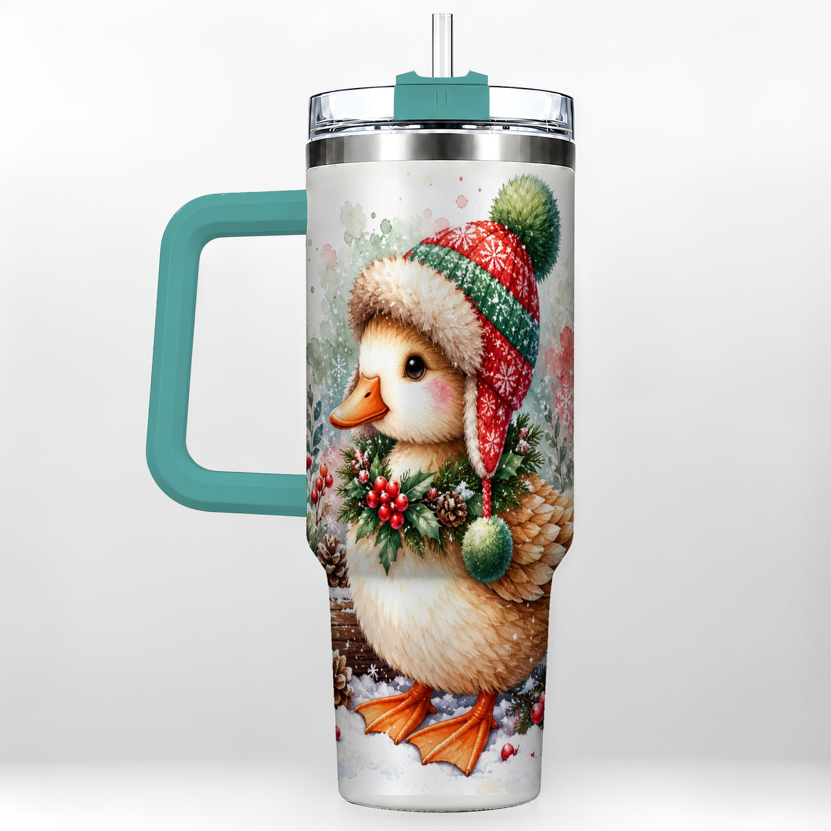#pl[40oz|Green] Christmas Duck 40oz Tumbler with Handle, Watercolor Winter Travel Cup