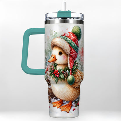 #pl[40oz|Green] Christmas Duck 40oz Tumbler with Handle, Watercolor Winter Travel Cup