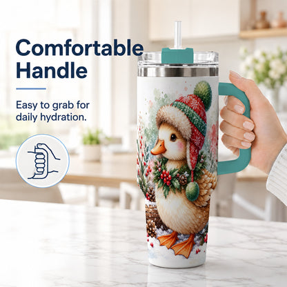 #pl[40oz|Green] Christmas Duck 40oz Tumbler with Handle, Watercolor Winter Travel Cup