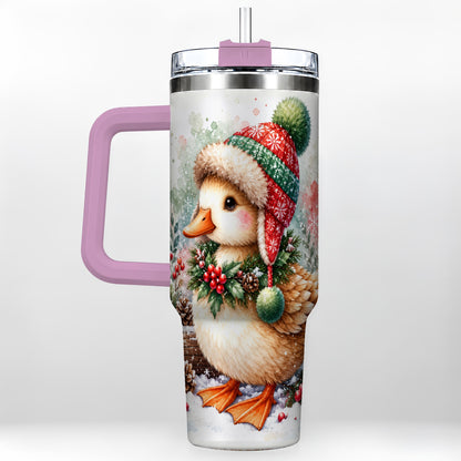 #pl[40oz|Pink] Christmas Duck 40oz Tumbler with Handle, Watercolor Winter Travel Cup