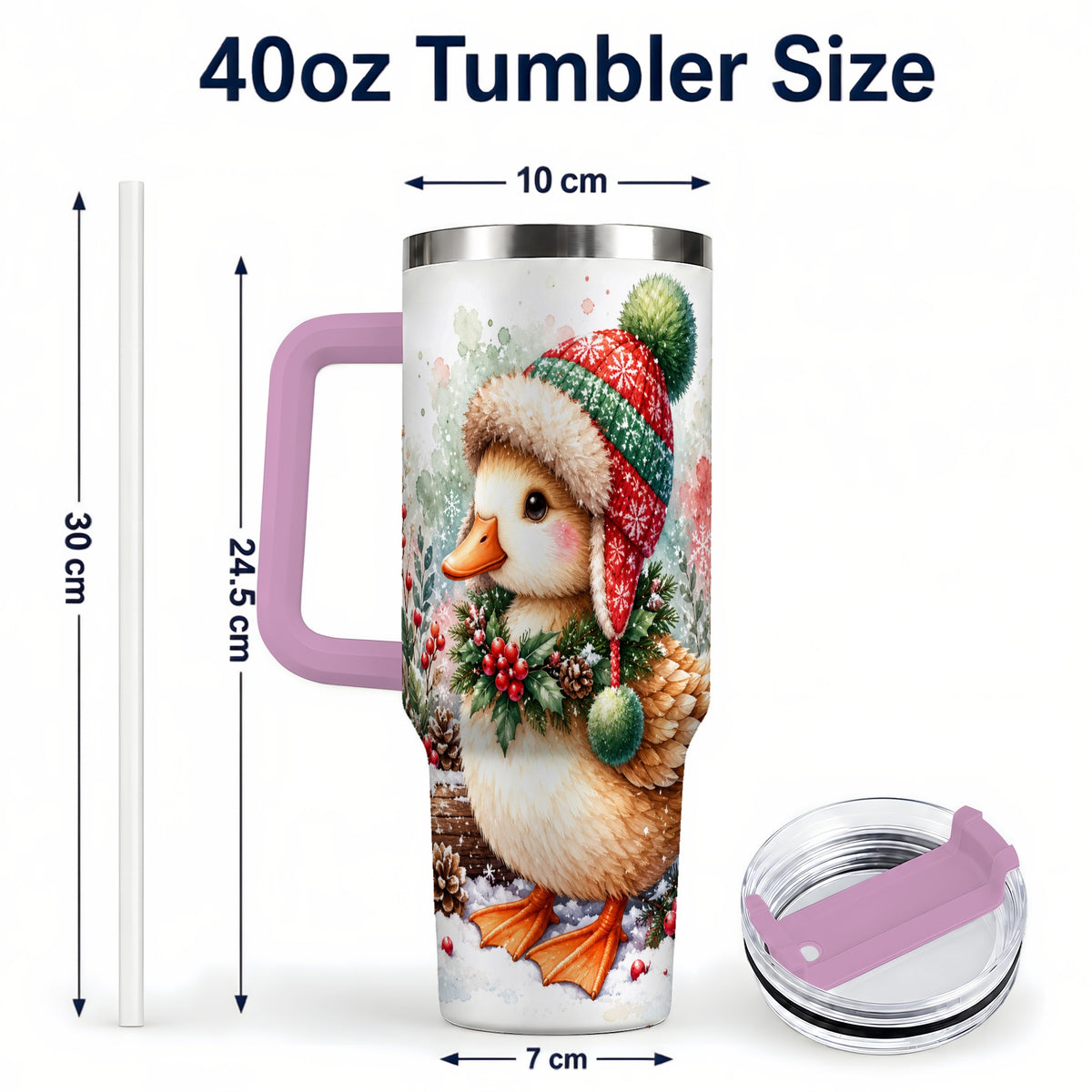 #pl[40oz|Pink] Christmas Duck 40oz Tumbler with Handle, Watercolor Winter Travel Cup