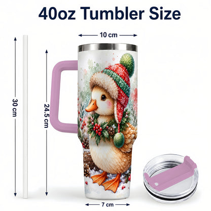 #pl[40oz|Pink] Christmas Duck 40oz Tumbler with Handle, Watercolor Winter Travel Cup