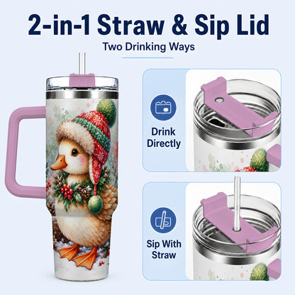 #pl[40oz|Pink] Christmas Duck 40oz Tumbler with Handle, Watercolor Winter Travel Cup