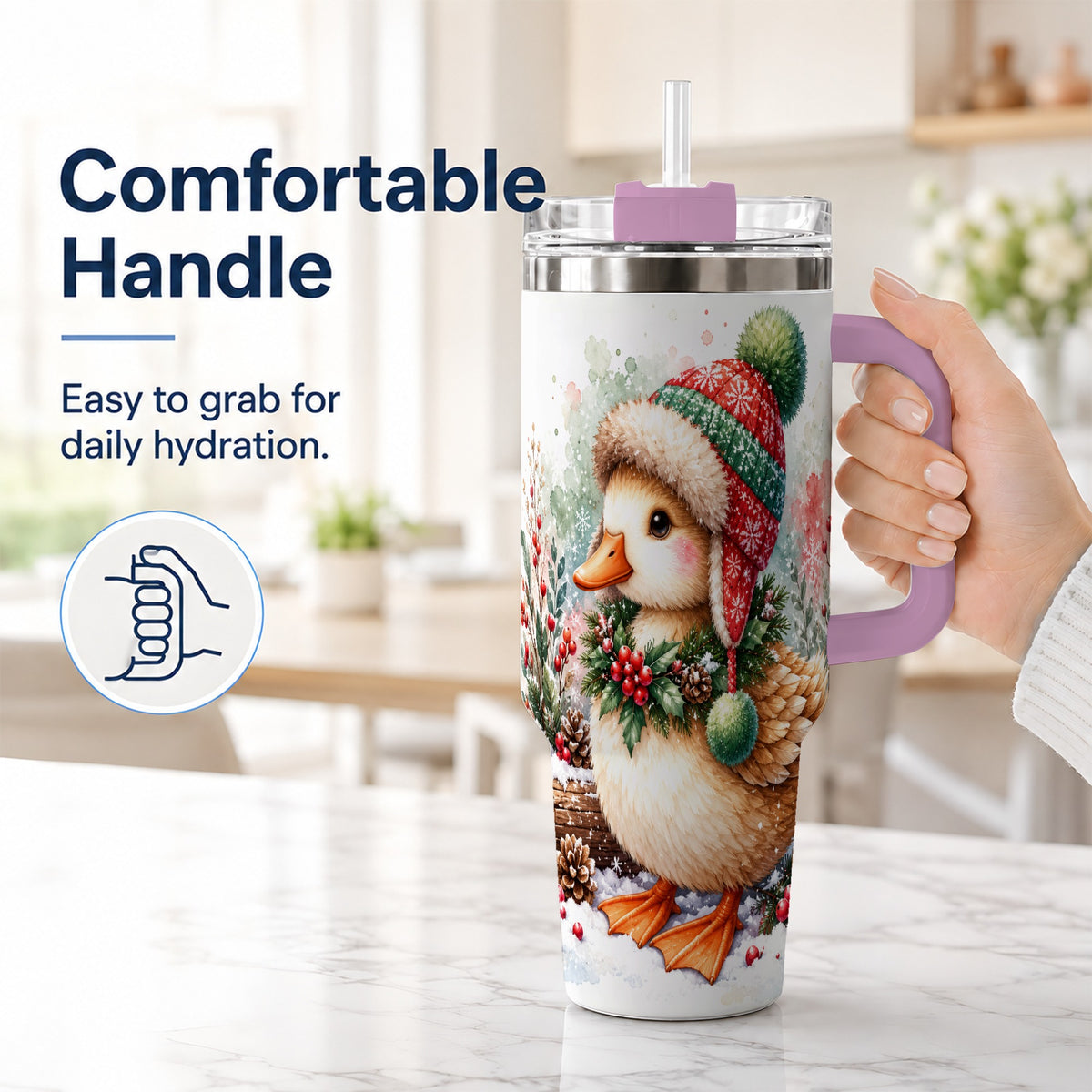 #pl[40oz|Pink] Christmas Duck 40oz Tumbler with Handle, Watercolor Winter Travel Cup