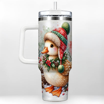 Christmas Duck 40oz Tumbler with Handle, Watercolor Winter Travel Cup