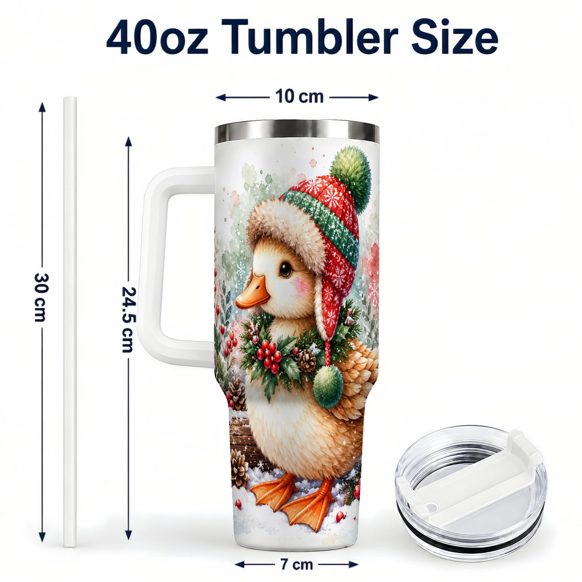 #pl[40oz|White] Christmas Duck 40oz Tumbler with Handle, Watercolor Winter Travel Cup