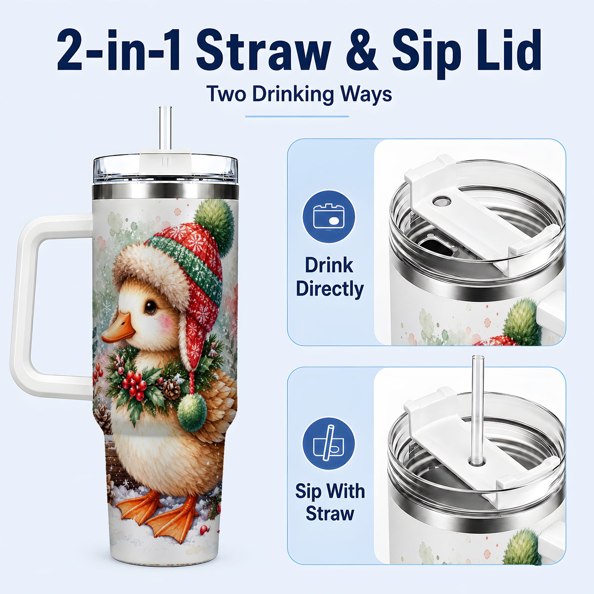 #pl[40oz|White] Christmas Duck 40oz Tumbler with Handle, Watercolor Winter Travel Cup