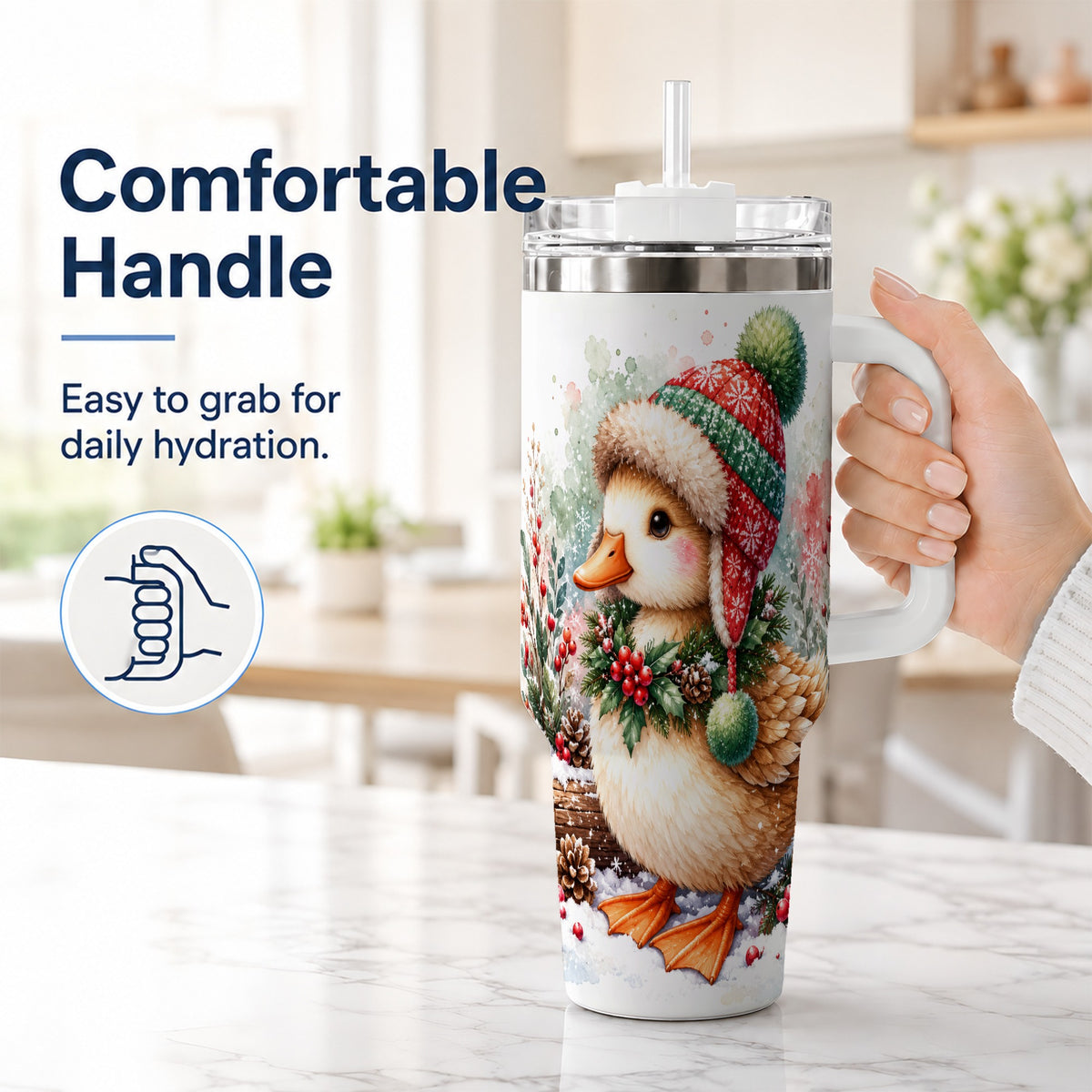 #pl[40oz|White] Christmas Duck 40oz Tumbler with Handle, Watercolor Winter Travel Cup