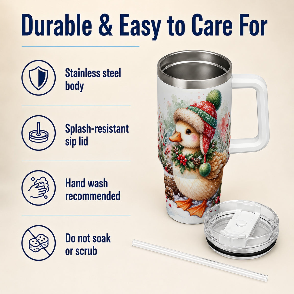 Christmas Duck 40oz Tumbler with Handle, Watercolor Winter Travel Cup