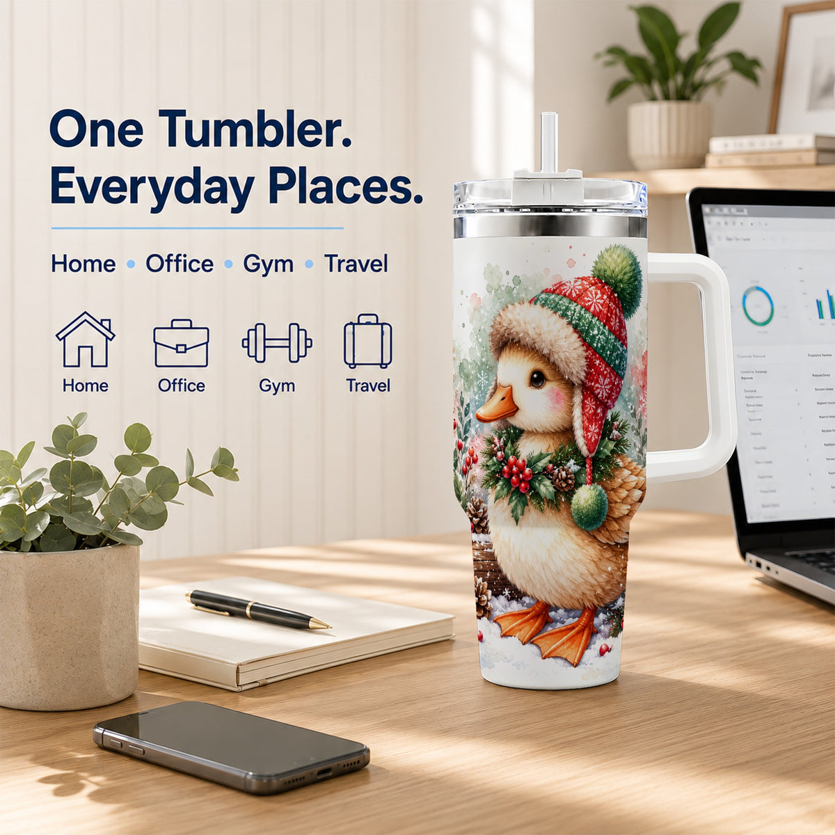 Christmas Duck 40oz Tumbler with Handle, Watercolor Winter Travel Cup