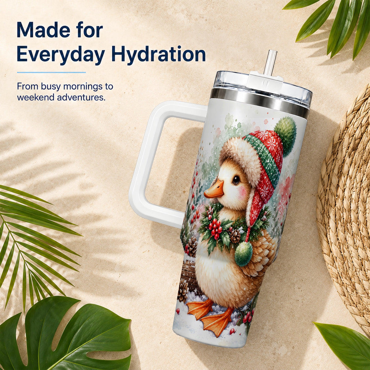Christmas Duck 40oz Tumbler with Handle, Watercolor Winter Travel Cup