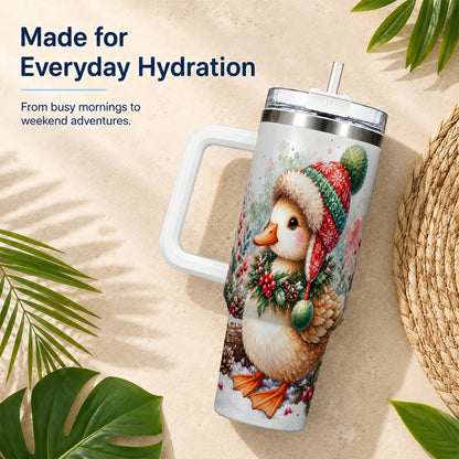 Christmas Duck 40oz Tumbler with Handle, Watercolor Winter Travel Cup
