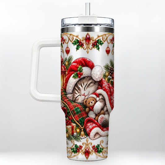 Christmas Cat 40oz Tumbler with Handle, Holiday Stainless Steel Travel Cup