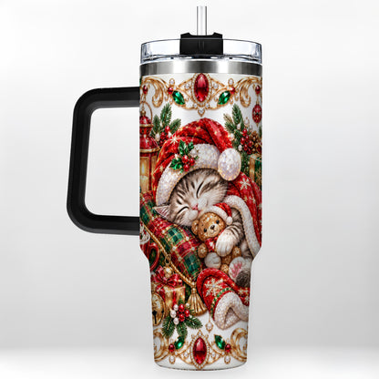 #pl[40oz|Black] Ornate Christmas Cat 40oz Tumbler with Handle, Stainless Steel Travel Cup