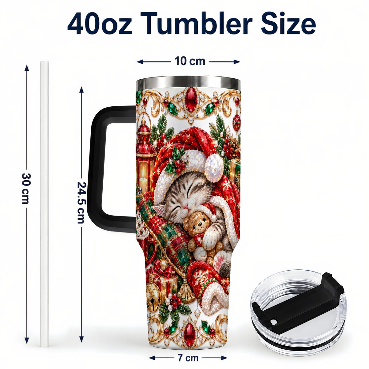 #pl[40oz|Black] Ornate Christmas Cat 40oz Tumbler with Handle, Stainless Steel Travel Cup