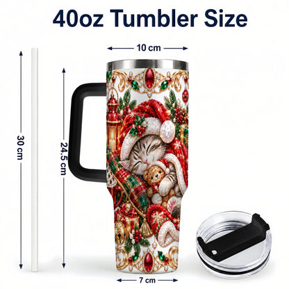 #pl[40oz|Black] Ornate Christmas Cat 40oz Tumbler with Handle, Stainless Steel Travel Cup